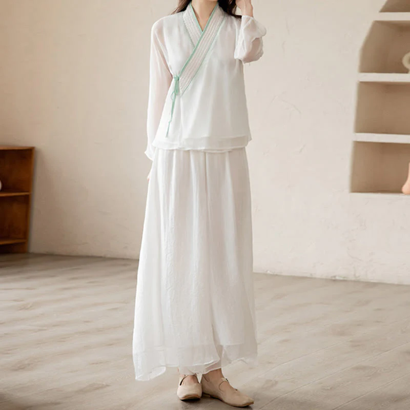 Buddha Stones Retro Preghiera Zen Meditazione Spirituale Pratica Chiffon Abbigliamento Donna Set - Image 3
