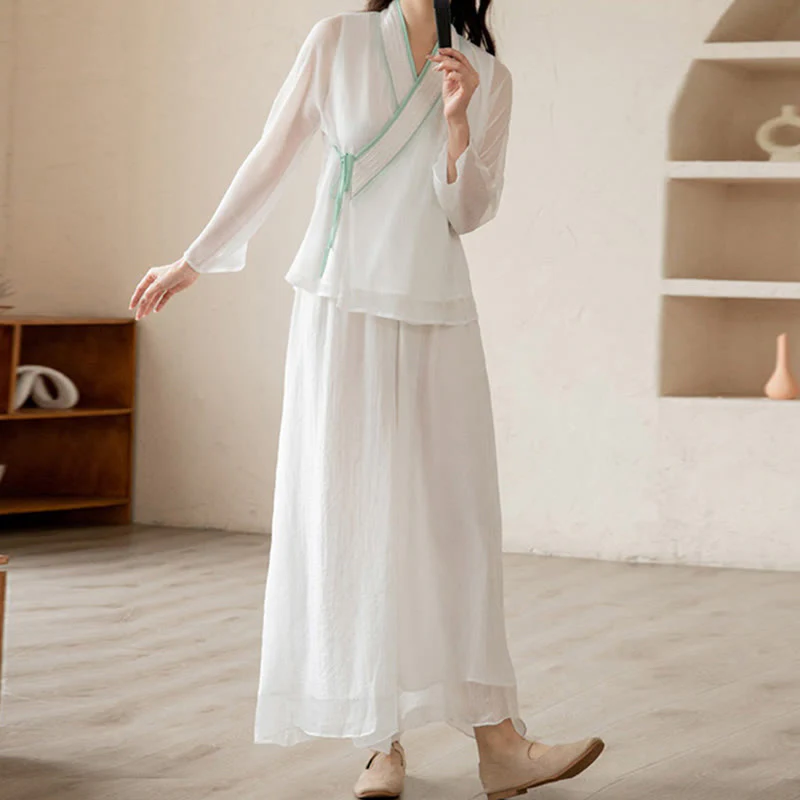 Buddha Stones Retro Preghiera Zen Meditazione Spirituale Pratica Chiffon Abbigliamento Donna Set - Image 7