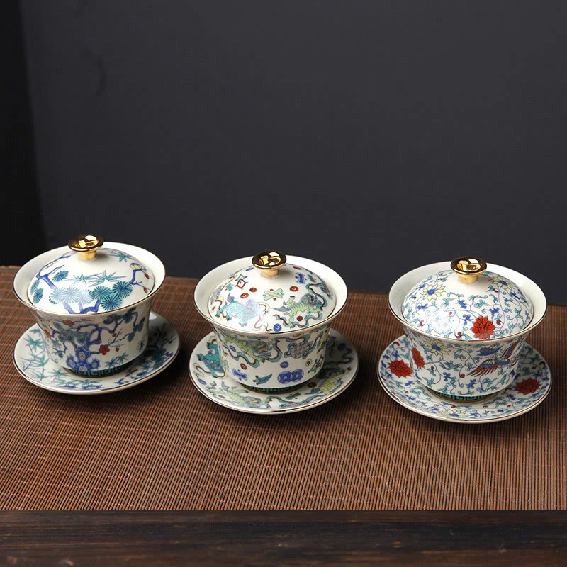 Buddha Stones Retro Prugna Fiore Pino Bambù Fenice Kirin Ceramica Gaiwan Sancai Tazza da tè Kung Fu Tazza da tè e piattino con coperchio - Image 15