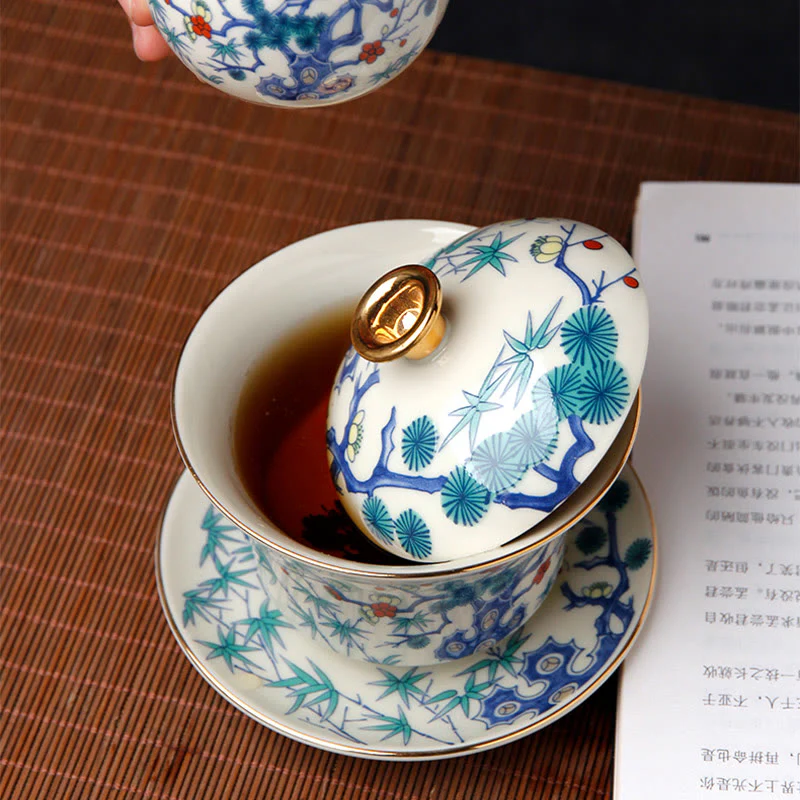 Buddha Stones Retro Prugna Fiore Pino Bambù Fenice Kirin Ceramica Gaiwan Sancai Tazza da tè Kung Fu Tazza da tè e piattino con coperchio - Image 3