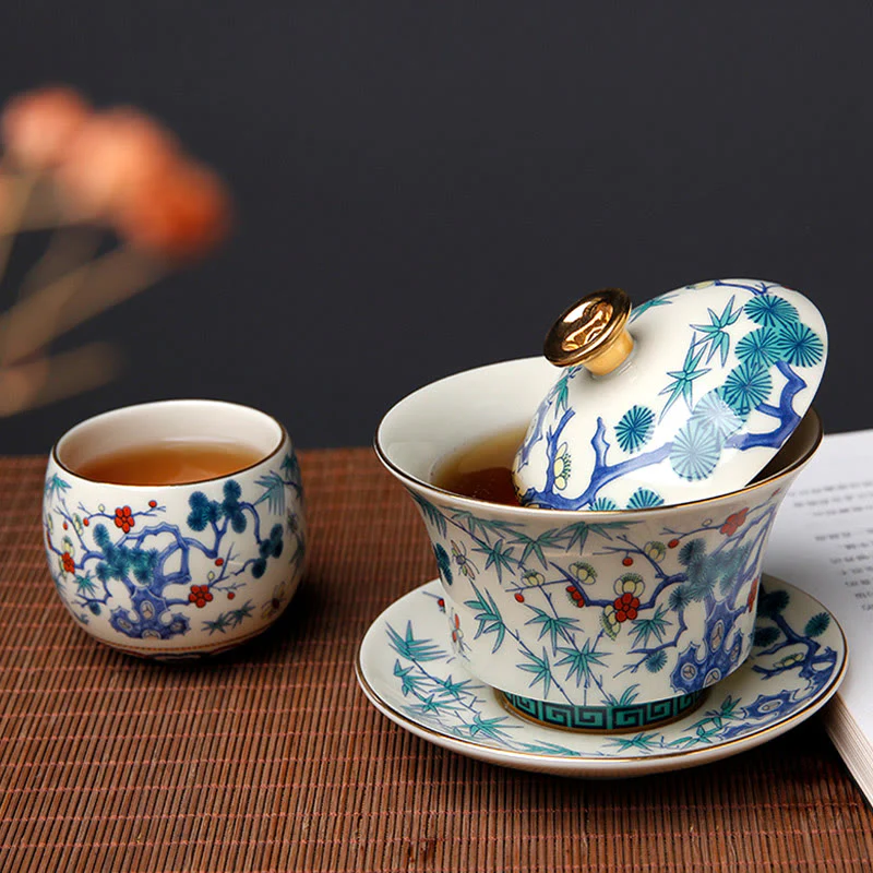 Buddha Stones Retro Prugna Fiore Pino Bambù Fenice Kirin Ceramica Gaiwan Sancai Tazza da tè Kung Fu Tazza da tè e piattino con coperchio - Image 4