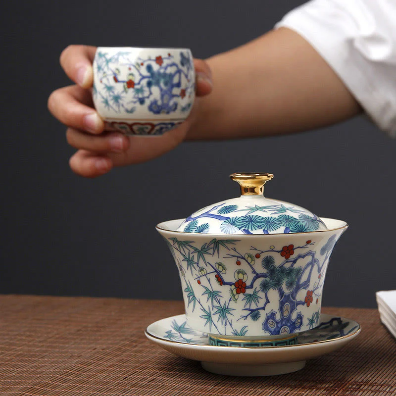 Buddha Stones Retro Prugna Fiore Pino Bambù Fenice Kirin Ceramica Gaiwan Sancai Tazza da tè Kung Fu Tazza da tè e piattino con coperchio - Image 6