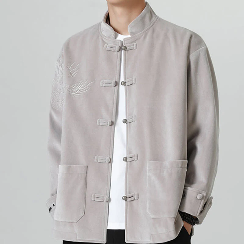 Buddha Stones Ricama Drago Casual Rana-bottoni Cotone Giacca Camicia Abbigliamento Uomo - Image 11