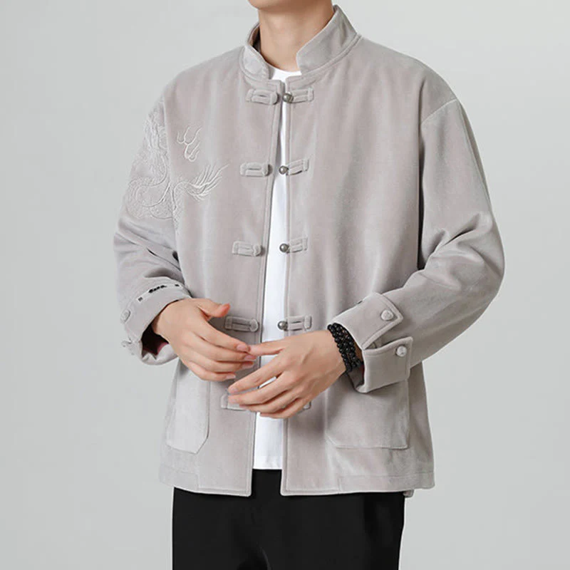 Buddha Stones Ricama Drago Casual Rana-bottoni Cotone Giacca Camicia Abbigliamento Uomo - Image 12