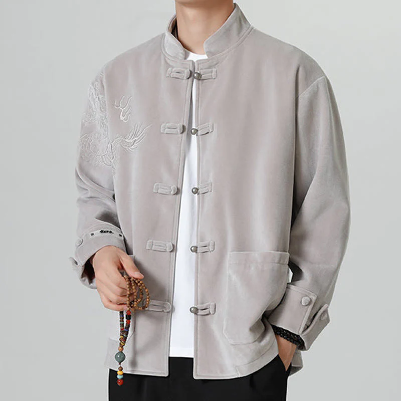 Buddha Stones Ricama Drago Casual Rana-bottoni Cotone Giacca Camicia Abbigliamento Uomo - Image 13