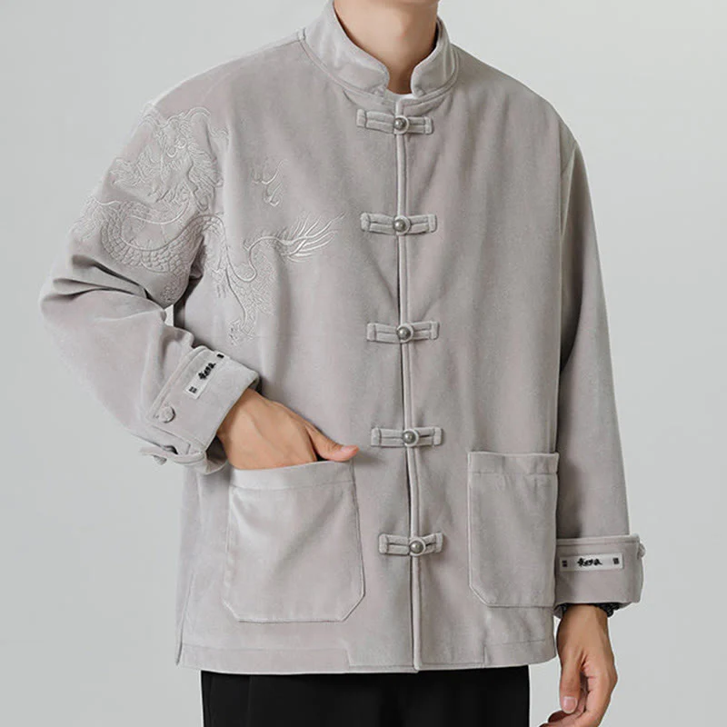 Buddha Stones Ricama Drago Casual Rana-bottoni Cotone Giacca Camicia Abbigliamento Uomo - Image 15