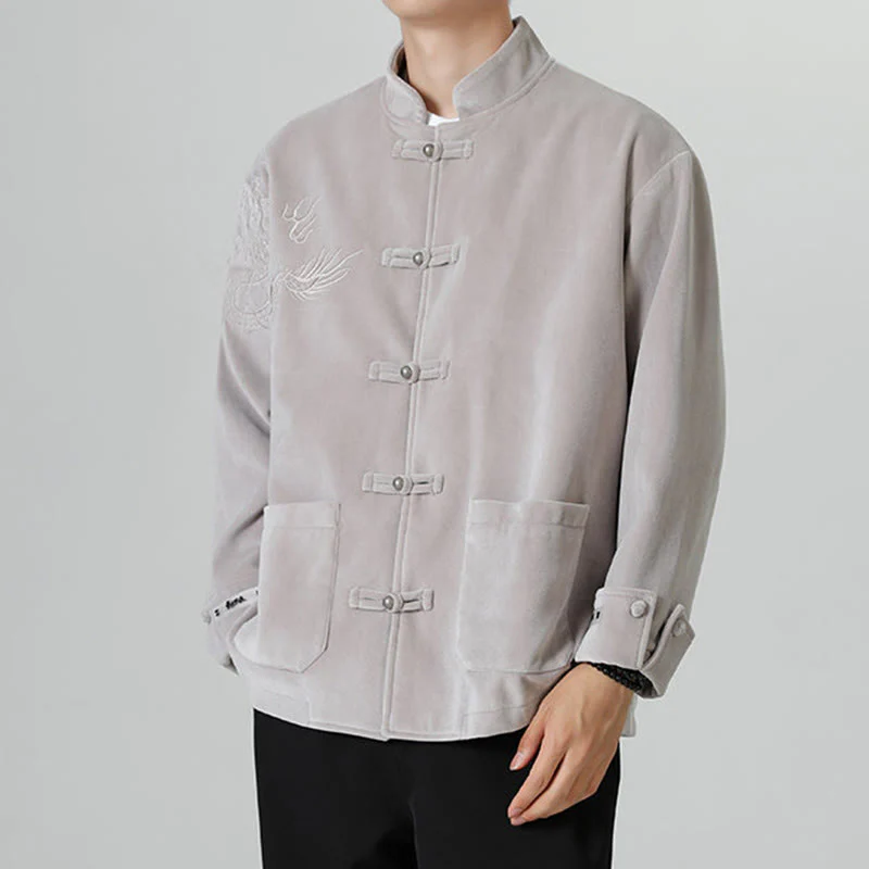 Buddha Stones Ricama Drago Casual Rana-bottoni Cotone Giacca Camicia Abbigliamento Uomo - Image 17