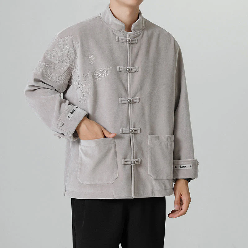 Buddha Stones Ricama Drago Casual Rana-bottoni Cotone Giacca Camicia Abbigliamento Uomo - Image 18