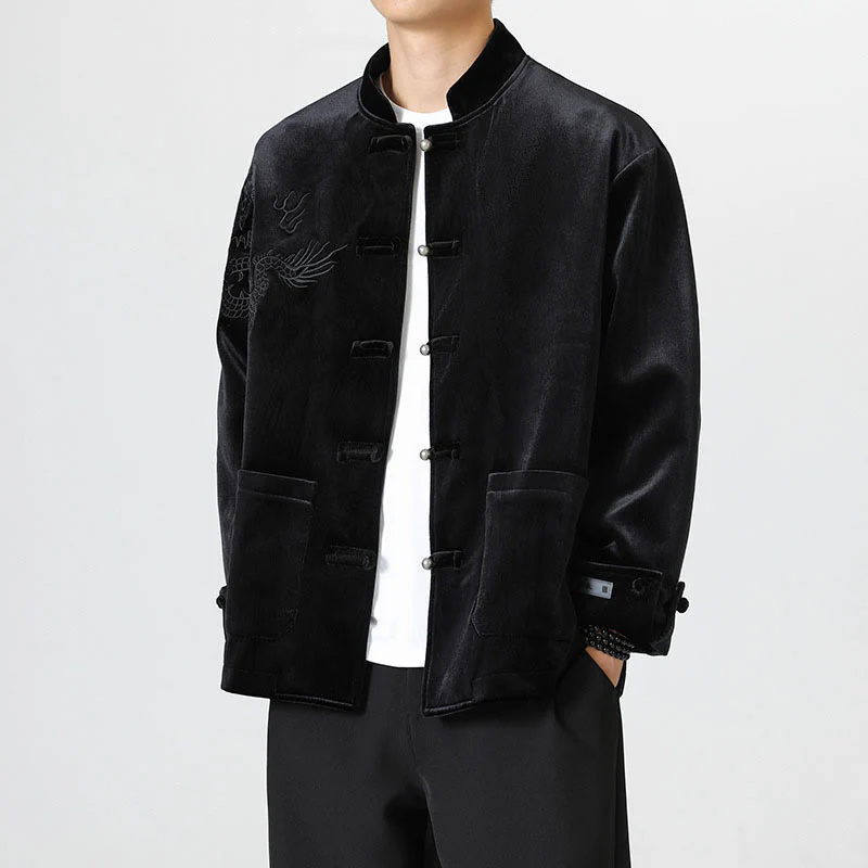 Buddha Stones Ricama Drago Casual Rana-bottoni Cotone Giacca Camicia Abbigliamento Uomo - Image 19