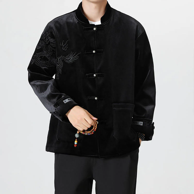 Buddha Stones Ricama Drago Casual Rana-bottoni Cotone Giacca Camicia Abbigliamento Uomo - Image 23