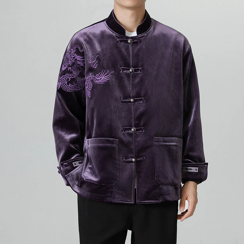 Buddha Stones Ricama Drago Casual Rana-bottoni Cotone Giacca Camicia Abbigliamento Uomo - Image 33