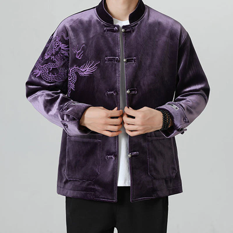 Buddha Stones Ricama Drago Casual Rana-bottoni Cotone Giacca Camicia Abbigliamento Uomo - Image 34