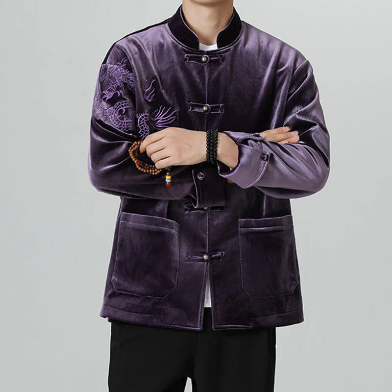 Buddha Stones Ricama Drago Casual Rana-bottoni Cotone Giacca Camicia Abbigliamento Uomo - Image 35