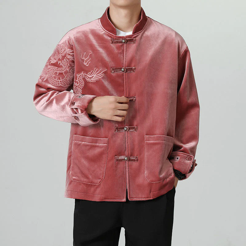 Buddha Stones Ricama Drago Casual Rana-bottoni Cotone Giacca Camicia Abbigliamento Uomo - Image 6