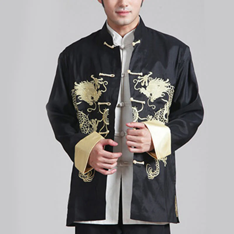 Buddha Stones Ricama Drago Maniche Girate Casual Rana-bottoni Fibra di Poliestere Giacca Camicia Pantaloni Abbigliamento Uomo - Image 11