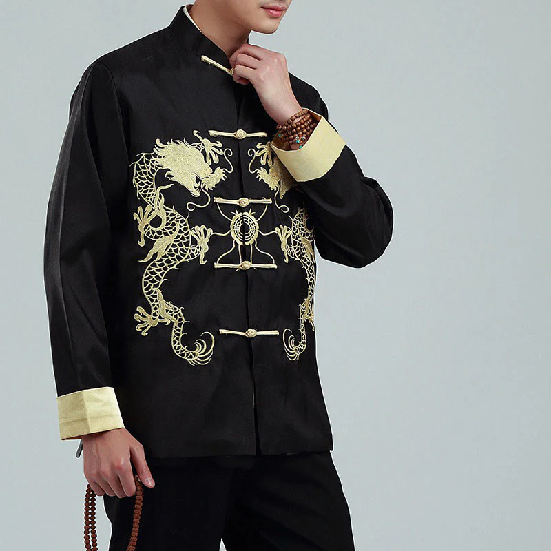 Buddha Stones Ricama Drago Maniche Girate Casual Rana-bottoni Fibra di Poliestere Giacca Camicia Pantaloni Abbigliamento Uomo - Image 13