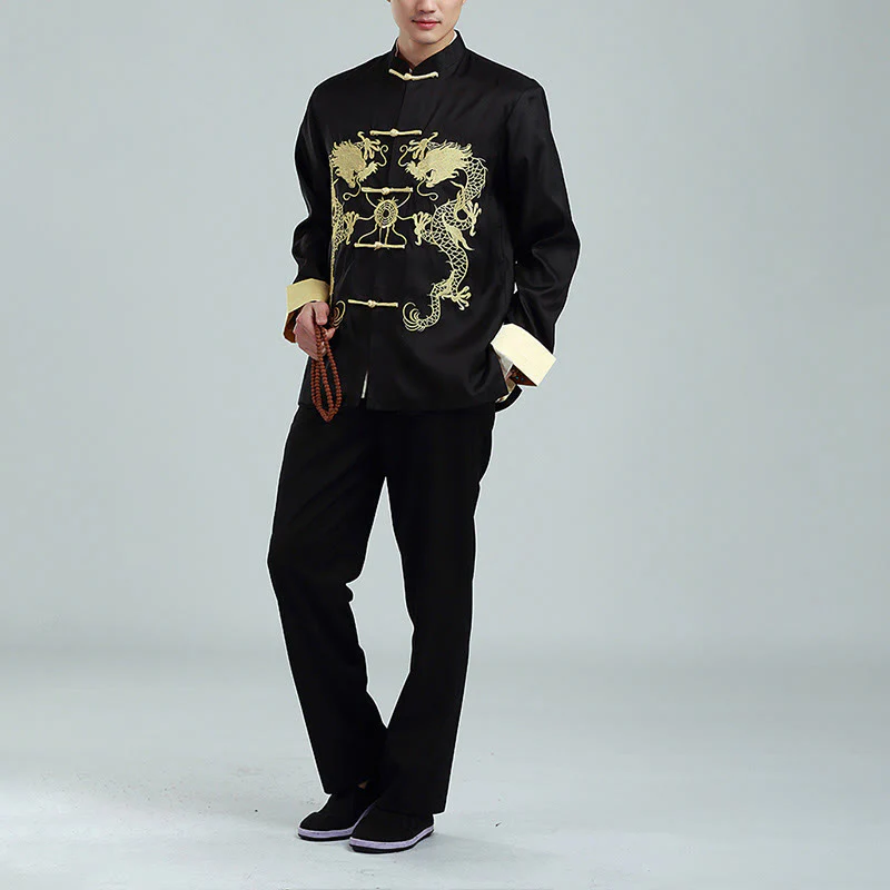 Buddha Stones Ricama Drago Maniche Girate Casual Rana-bottoni Fibra di Poliestere Giacca Camicia Pantaloni Abbigliamento Uomo - Image 14