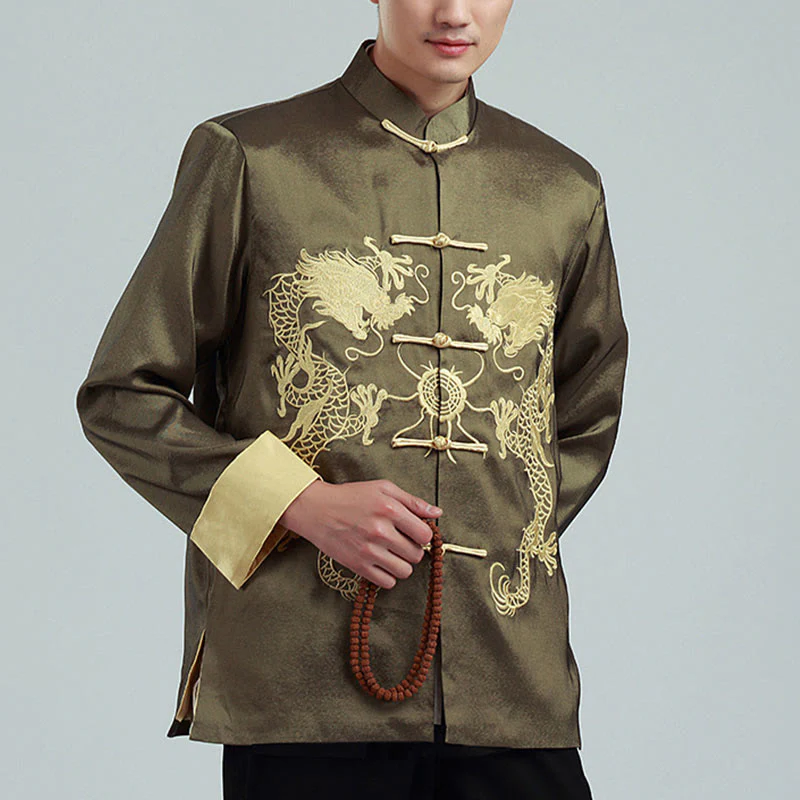 Buddha Stones Ricama Drago Maniche Girate Casual Rana-bottoni Fibra di Poliestere Giacca Camicia Pantaloni Abbigliamento Uomo - Image 19