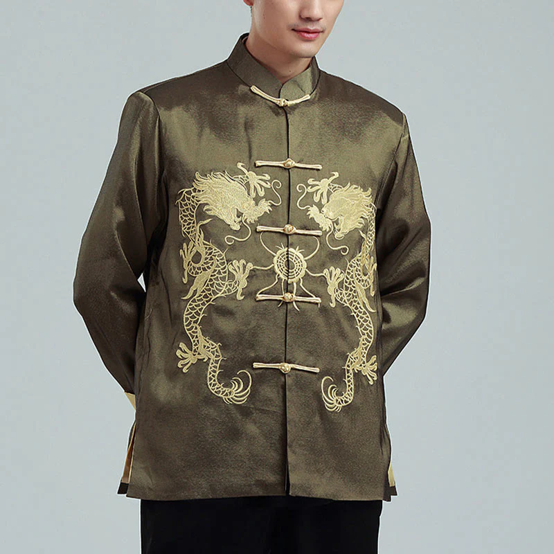 Buddha Stones Ricama Drago Maniche Girate Casual Rana-bottoni Fibra di Poliestere Giacca Camicia Pantaloni Abbigliamento Uomo - Image 20