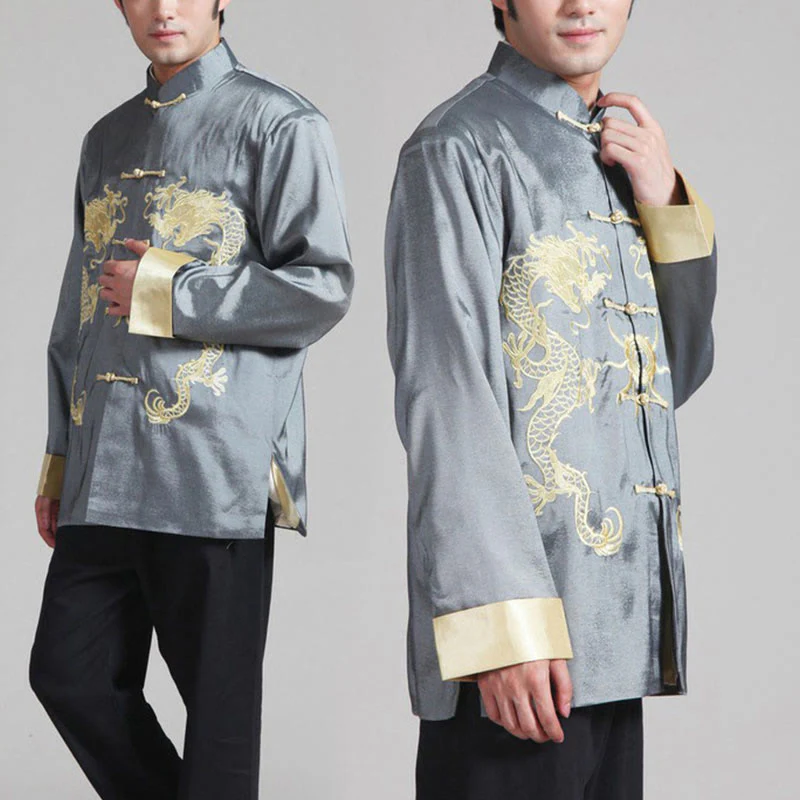 Buddha Stones Ricama Drago Maniche Girate Casual Rana-bottoni Fibra di Poliestere Giacca Camicia Pantaloni Abbigliamento Uomo - Image 8