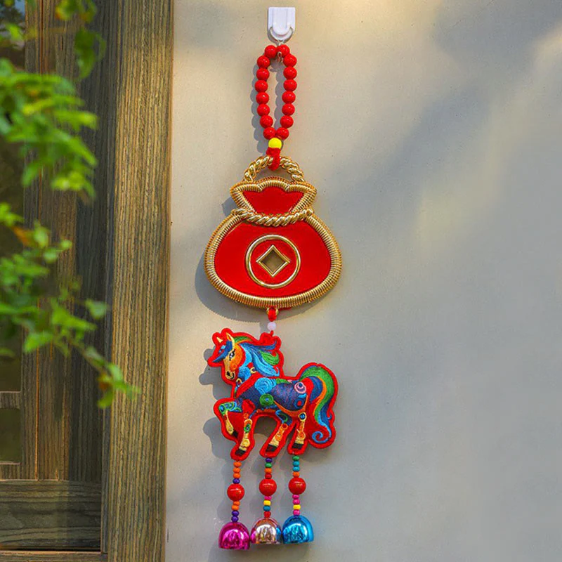 Buddha Stones Ricamo Anno del Cavallo Borsa per Soldi Zucca Monete di Rame Campana Ciondolo Successo Decorazione da Appendere - Image 10
