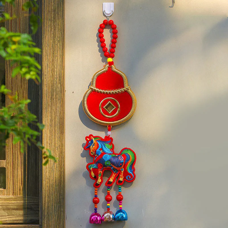 Buddha Stones Ricamo Anno del Cavallo Borsa per Soldi Zucca Monete di Rame Campana Ciondolo Successo Decorazione da Appendere - Image 12