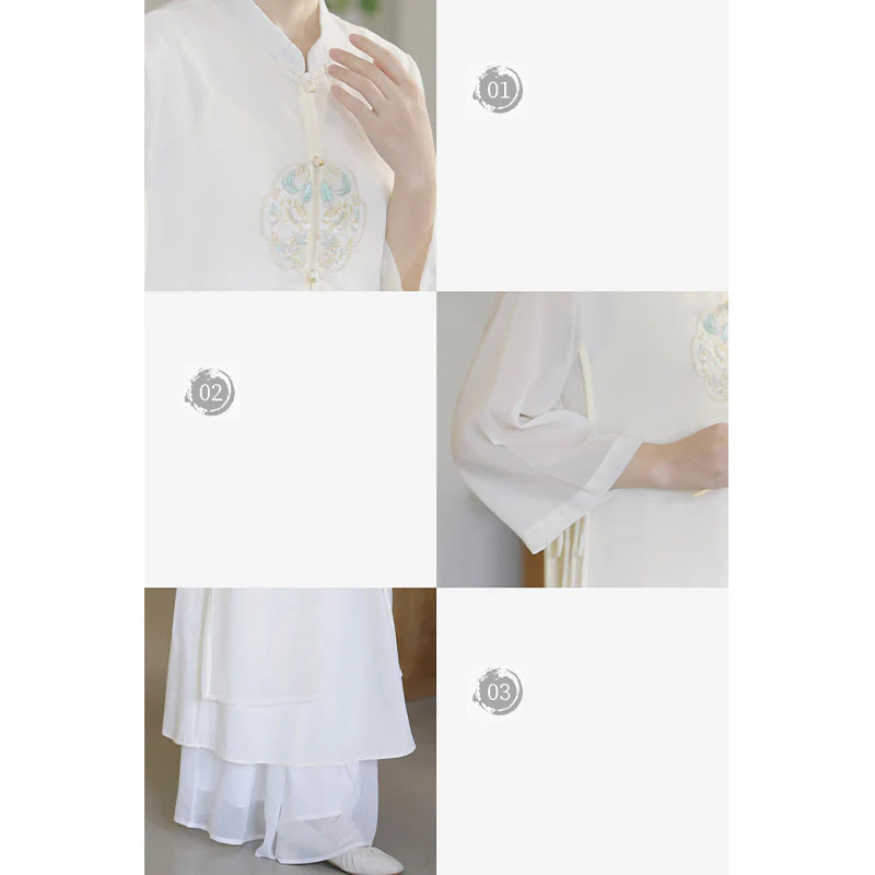 Buddha Stones Ricamo Chiffon Cheongsam Midi Vestito Pantaloni Gamba Larga Meditazione Zen Pratica Abbigliamento - Image 15