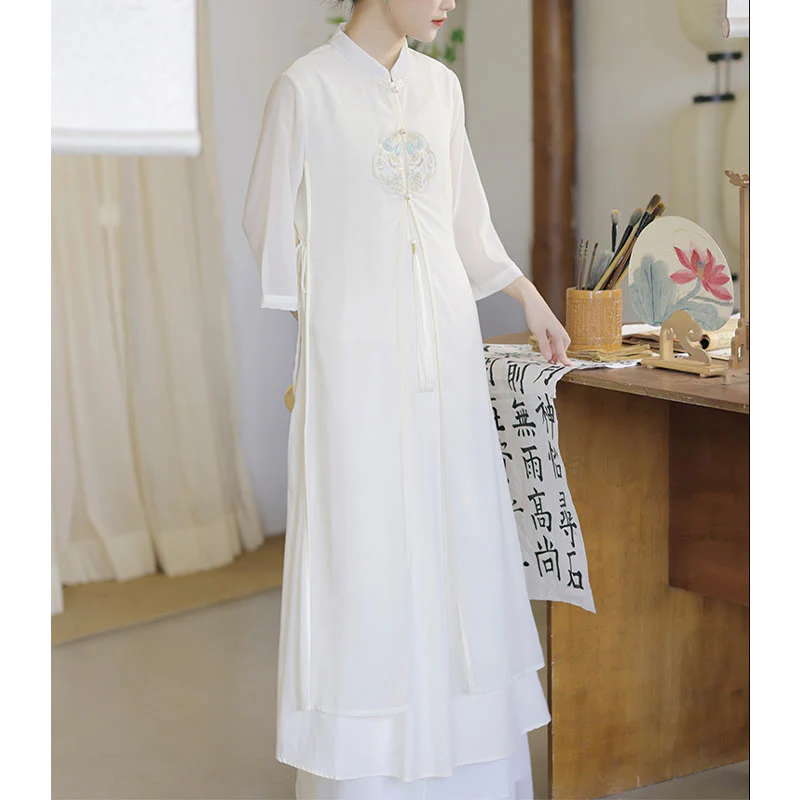 Buddha Stones Ricamo Chiffon Cheongsam Midi Vestito Pantaloni Gamba Larga Meditazione Zen Pratica Abbigliamento - Image 9
