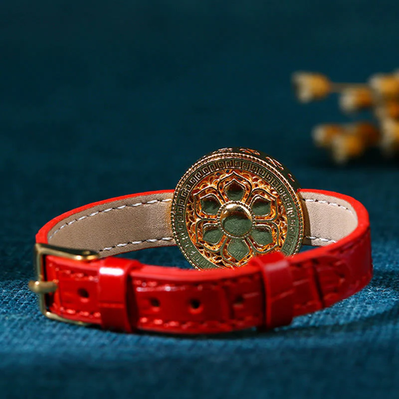 Buddha Stones Sei parole vere Otto tesori Bussola Giada Bracciale in pelle placcato oro 24K - Image 4