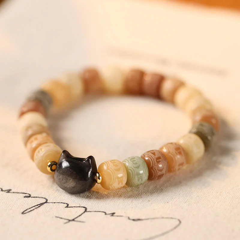 Buddha Stones Semi di Bodhi Argento Lucentezza Ossidiana Testa di Gatto Om Mani Padme Hum Braccialetto Armonia Inciso