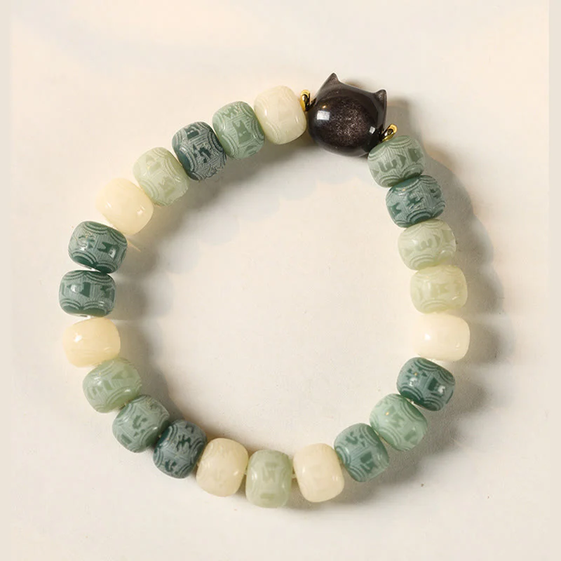 Buddha Stones Semi di Bodhi Argento Lucentezza Ossidiana Testa di Gatto Om Mani Padme Hum Braccialetto Armonia Inciso - Image 10
