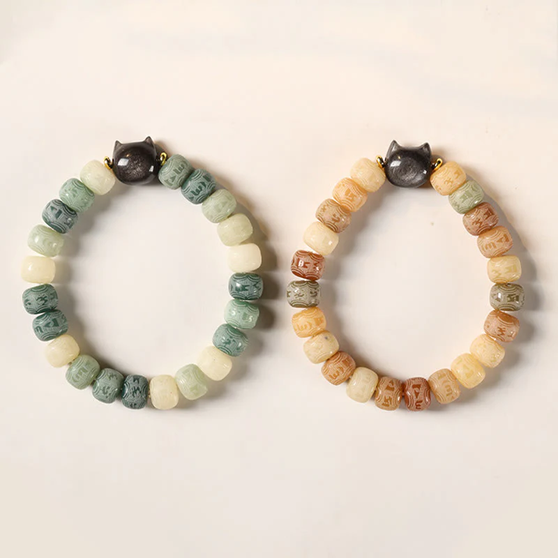 Buddha Stones Semi di Bodhi Argento Lucentezza Ossidiana Testa di Gatto Om Mani Padme Hum Braccialetto Armonia Inciso - Image 14
