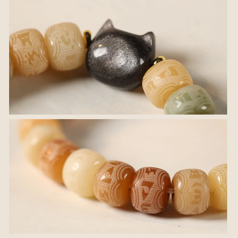 Buddha Stones Semi di Bodhi Argento Lucentezza Ossidiana Testa di Gatto Om Mani Padme Hum Braccialetto Armonia Inciso - Image 4