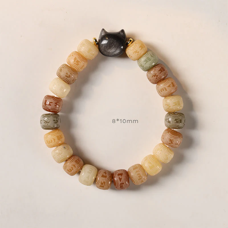Buddha Stones Semi di Bodhi Argento Lucentezza Ossidiana Testa di Gatto Om Mani Padme Hum Braccialetto Armonia Inciso - Image 5
