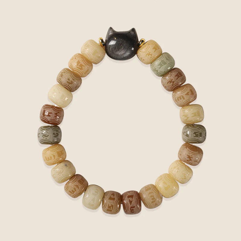Buddha Stones Semi di Bodhi Argento Lucentezza Ossidiana Testa di Gatto Om Mani Padme Hum Braccialetto Armonia Inciso - Image 6