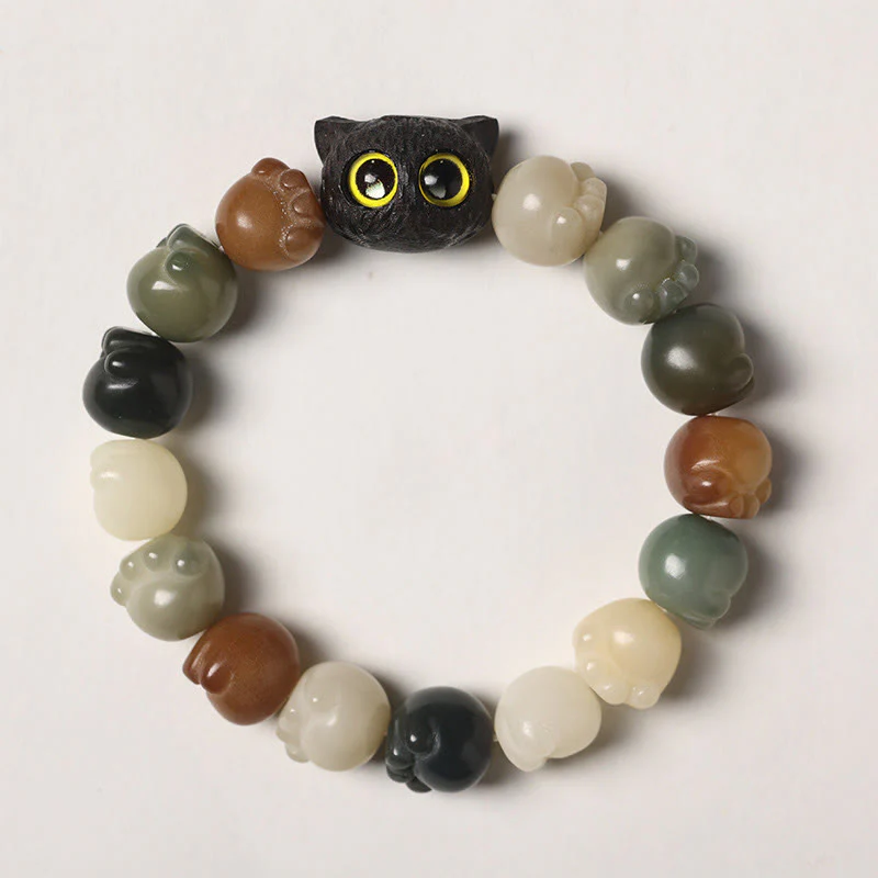 Buddha Stones Semi di Bodhi naturali Zampa adorabile Braccialetto di saggezza del gatto fortunato in legno di ebano