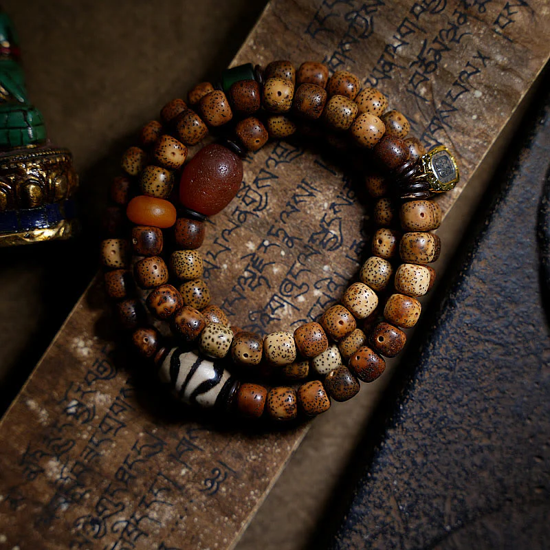 Buddha Stones Semi di Bodhi Tibetano Ambra Perline Dzi Agata Zakiram Dea della Ricchezza Perline Bracciale Triplo Avvolgimento - Image 2
