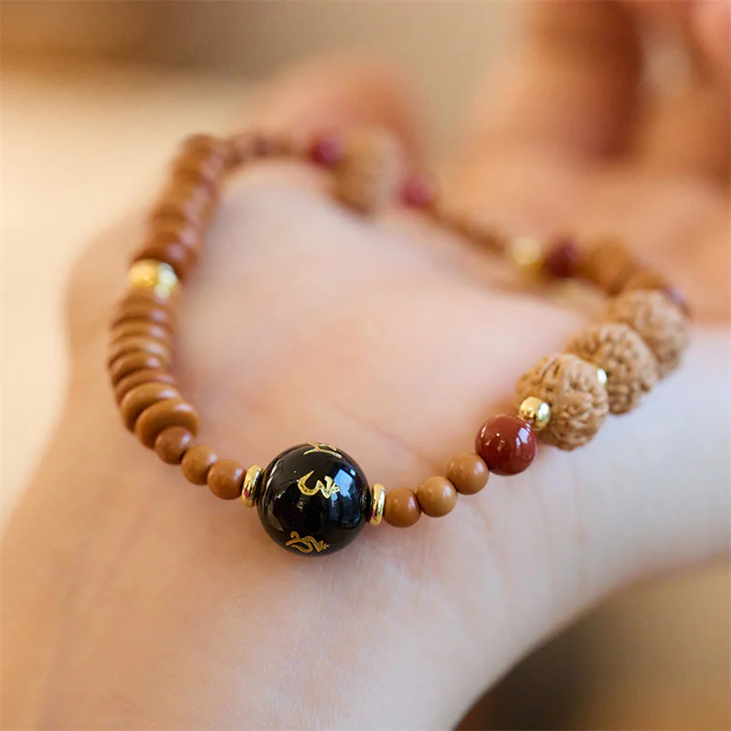 Buddha Stones Semi di Bodhi Tibetano Onice Nero Quarzo Fumé Om Mani Padme Hum Fu Carattere Bracciale Ricchezza - Image 3