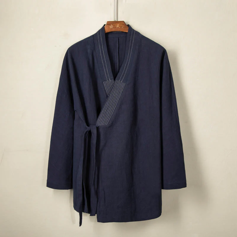 Buddha Stones Semplice Autunno Lacci Cotone Lino Uomo Giacca Cappotto Zen Abbigliamento - Image 3