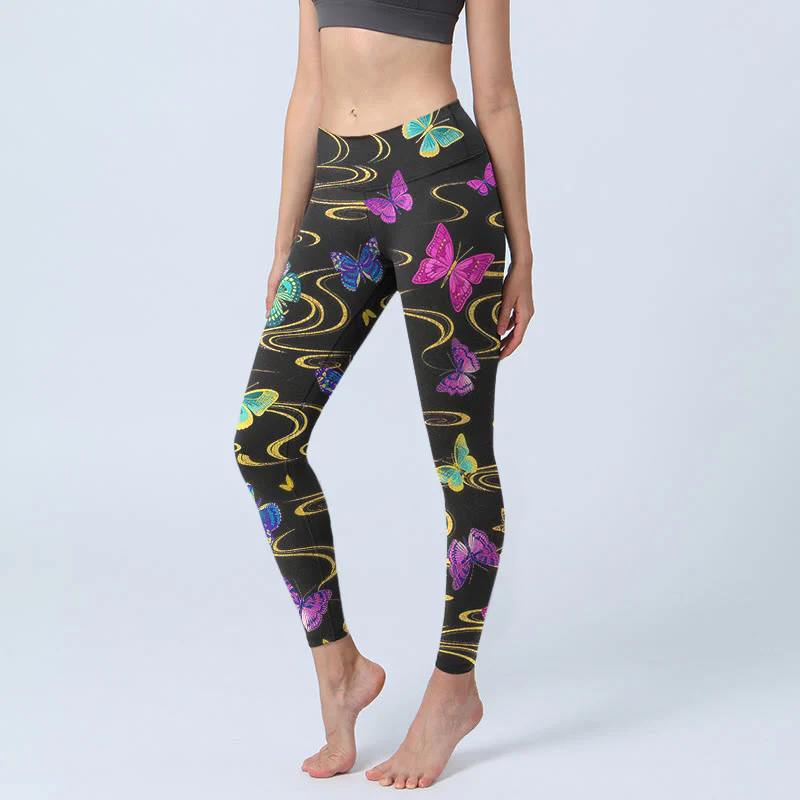 Buddha Stones Splendidi leggings da palestra con stampa a farfalla ad alto contrasto, pantaloni da yoga da donna