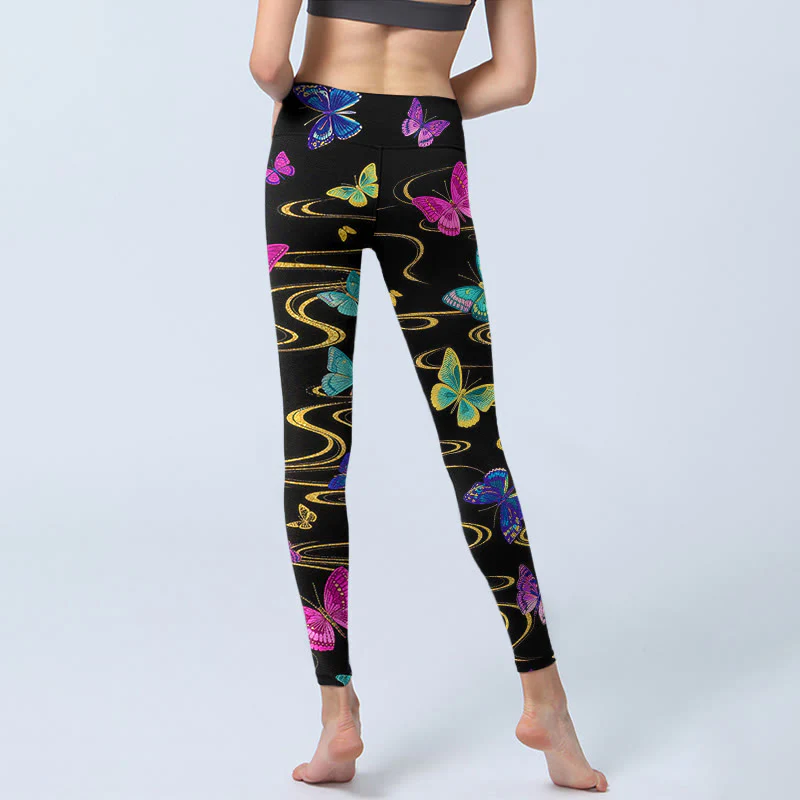 Buddha Stones Splendidi leggings da palestra con stampa a farfalla ad alto contrasto, pantaloni da yoga da donna - Image 7