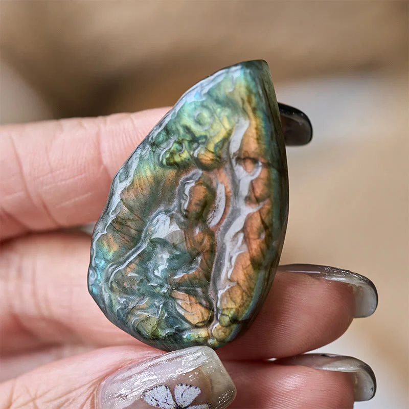 Buddha Stones Statua di Buddha in labradorite naturale con incisione a forma di lacrima, decorazione per la casa