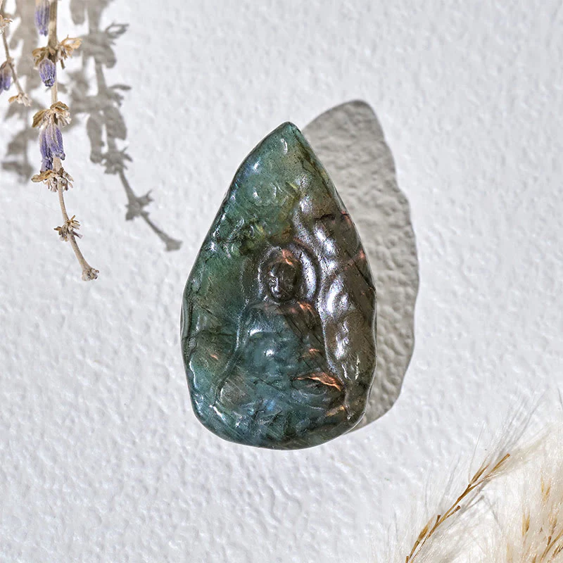 Buddha Stones Statua di Buddha in labradorite naturale con incisione a forma di lacrima, decorazione per la casa - Image 2