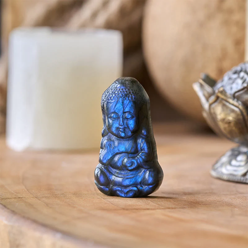 Buddha Stones Statua di guarigione in labradorite naturale con simbolo del Buddha, decorazione per la casa