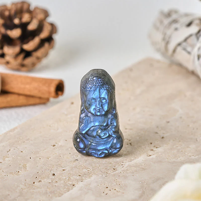 Buddha Stones Statua di guarigione in labradorite naturale con simbolo del Buddha, decorazione per la casa - Image 2