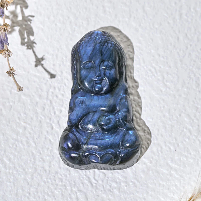 Buddha Stones Statua di guarigione in labradorite naturale con simbolo del Buddha, decorazione per la casa - Image 3