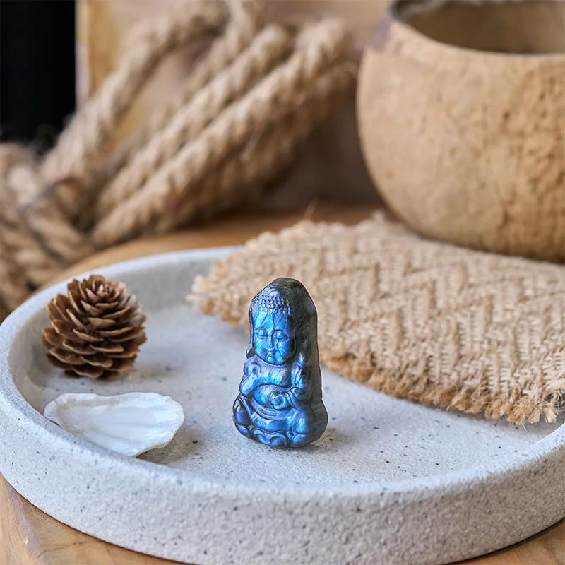 Buddha Stones Statua di guarigione in labradorite naturale con simbolo del Buddha, decorazione per la casa - Image 6