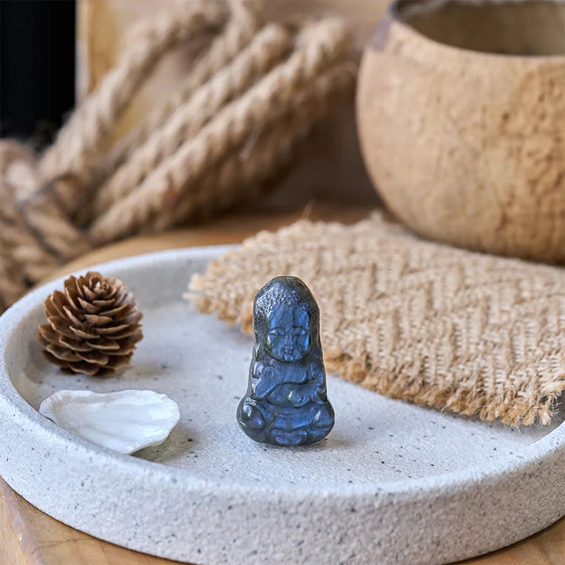 Buddha Stones Statua di guarigione in labradorite naturale con simbolo del Buddha, decorazione per la casa - Image 7