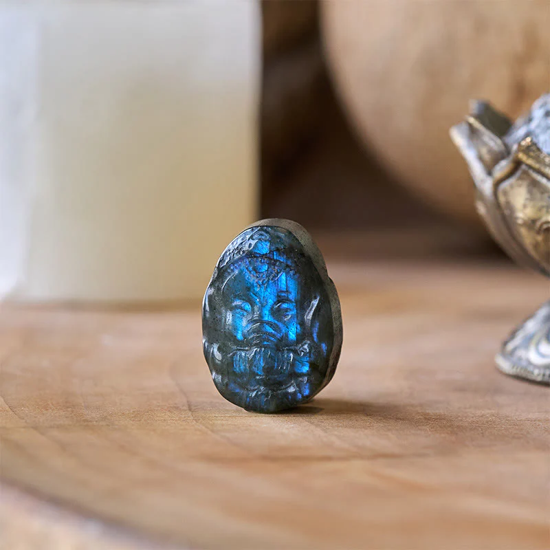 Buddha Stones Statua di protezione curativa in labradorite naturale con statuetta di elefante Ganesh, decorazione per la casa