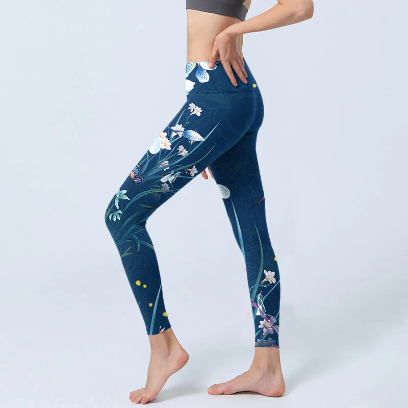 Buddha Stones SteelBlue Piccoli fiori bianchi Farfalla Leggings da esercizio Pantaloni da yoga da donna - Image 3